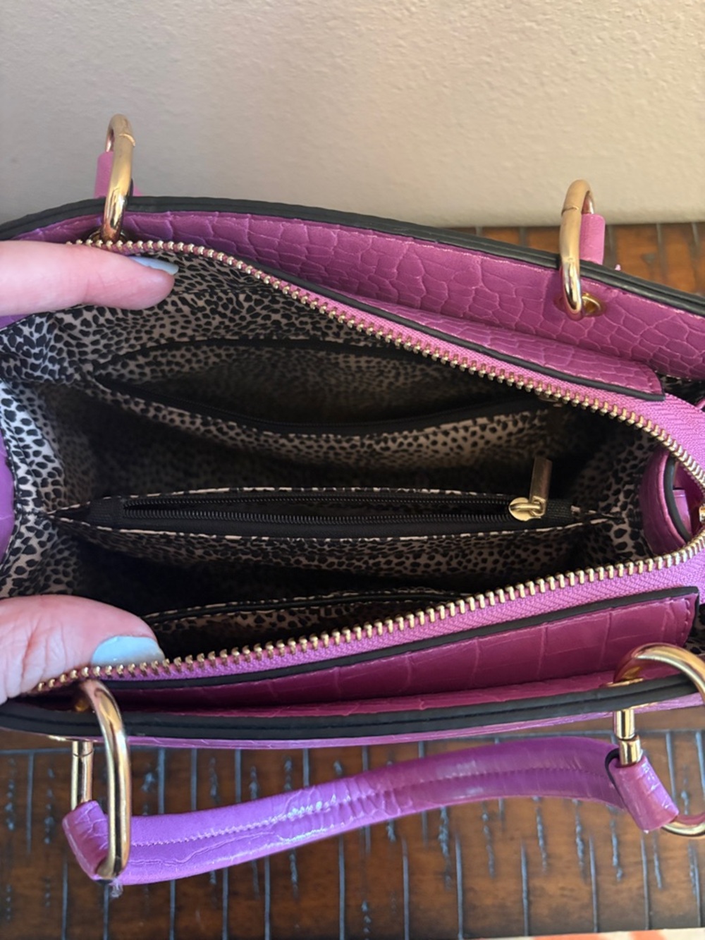 Structured Croc-Embossed Satchel in Light Purple - Picture 5 of 6